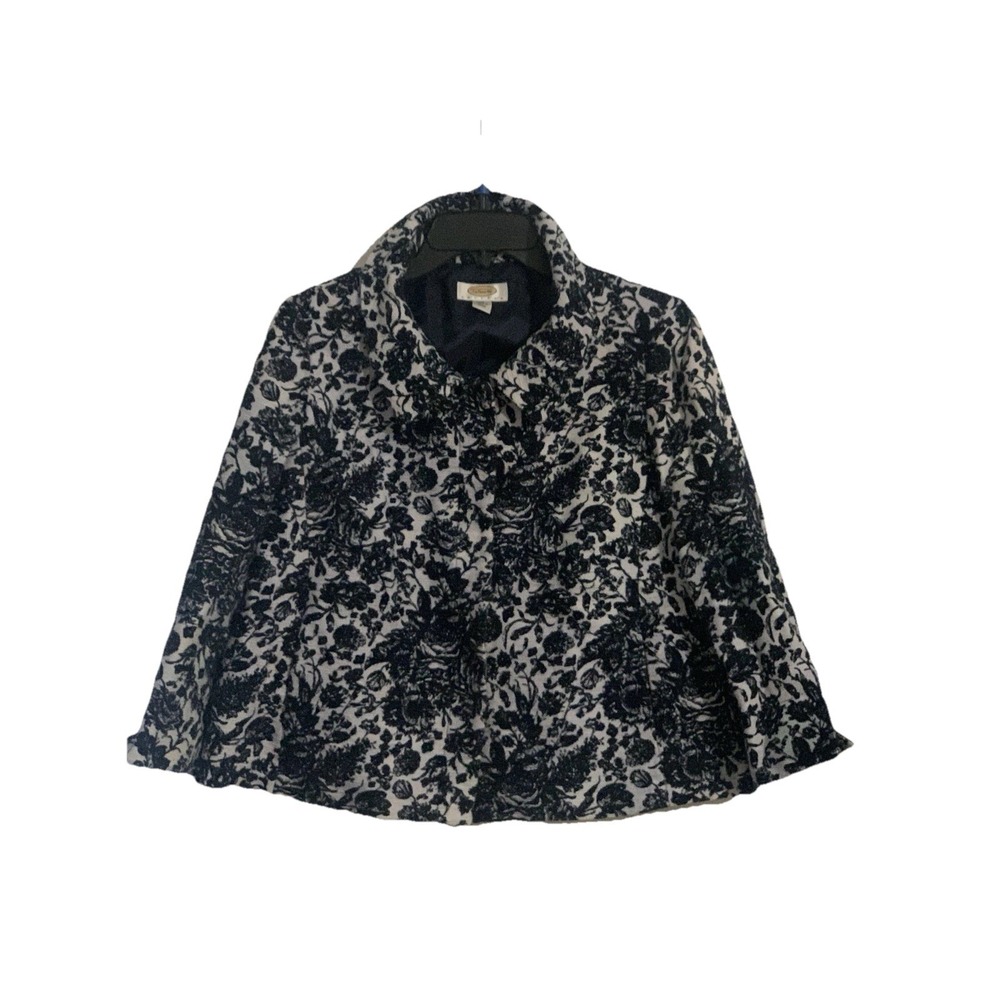 Talbots Blazer Navy White Lined Floral Peter Pan Collar Casual Women's 12 Petite